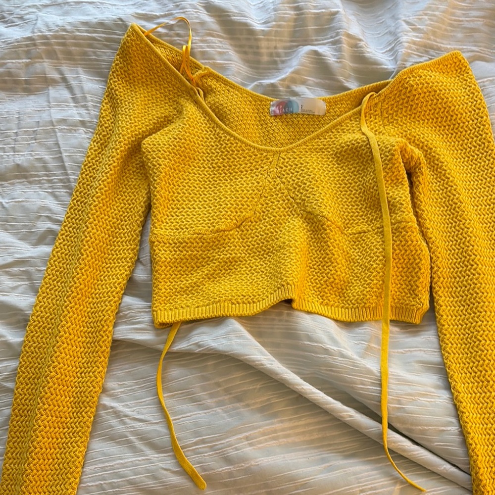 Free People Bright Yellow Knit Cropped Long Sleeve Top